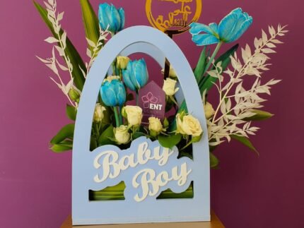 Beautiful Wood blue Bag with  4 Tulip, 3 Baby Rose