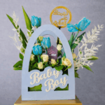 Beautiful Wood blue Bag with  4 Tulip, 3 Baby Rose