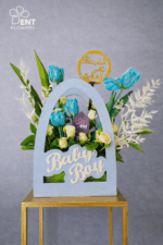 Beautiful Wood blue Bag with  4 Tulip, 3 Baby Rose