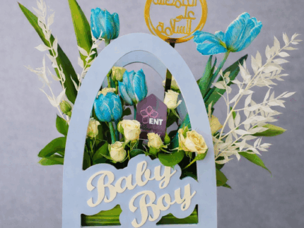 Beautiful Wood blue Bag with  4 Tulip, 3 Baby Rose