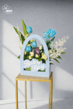 Beautiful Wood blue Bag with  4 Tulip, 3 Baby Rose - Image 3