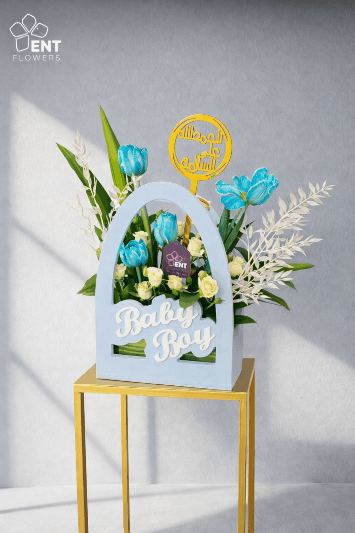 Beautiful Wood blue Bag with  4 Tulip, 3 Baby Rose - Image 2